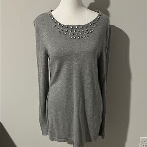 Gray Long Sleeve Tunic Top with Studded Neckline
